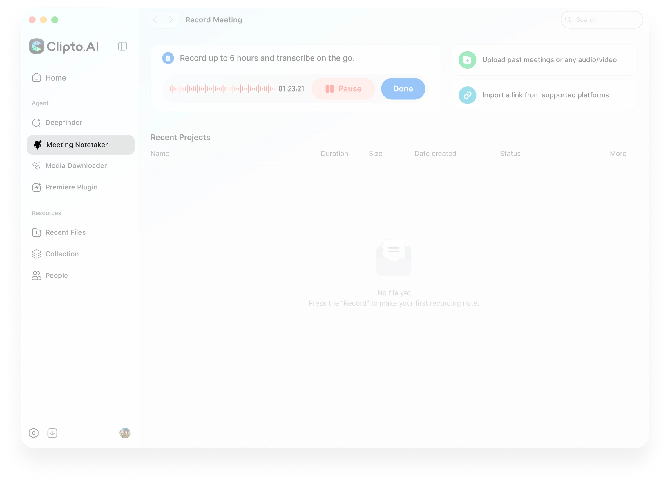 AI transcription recording workspace