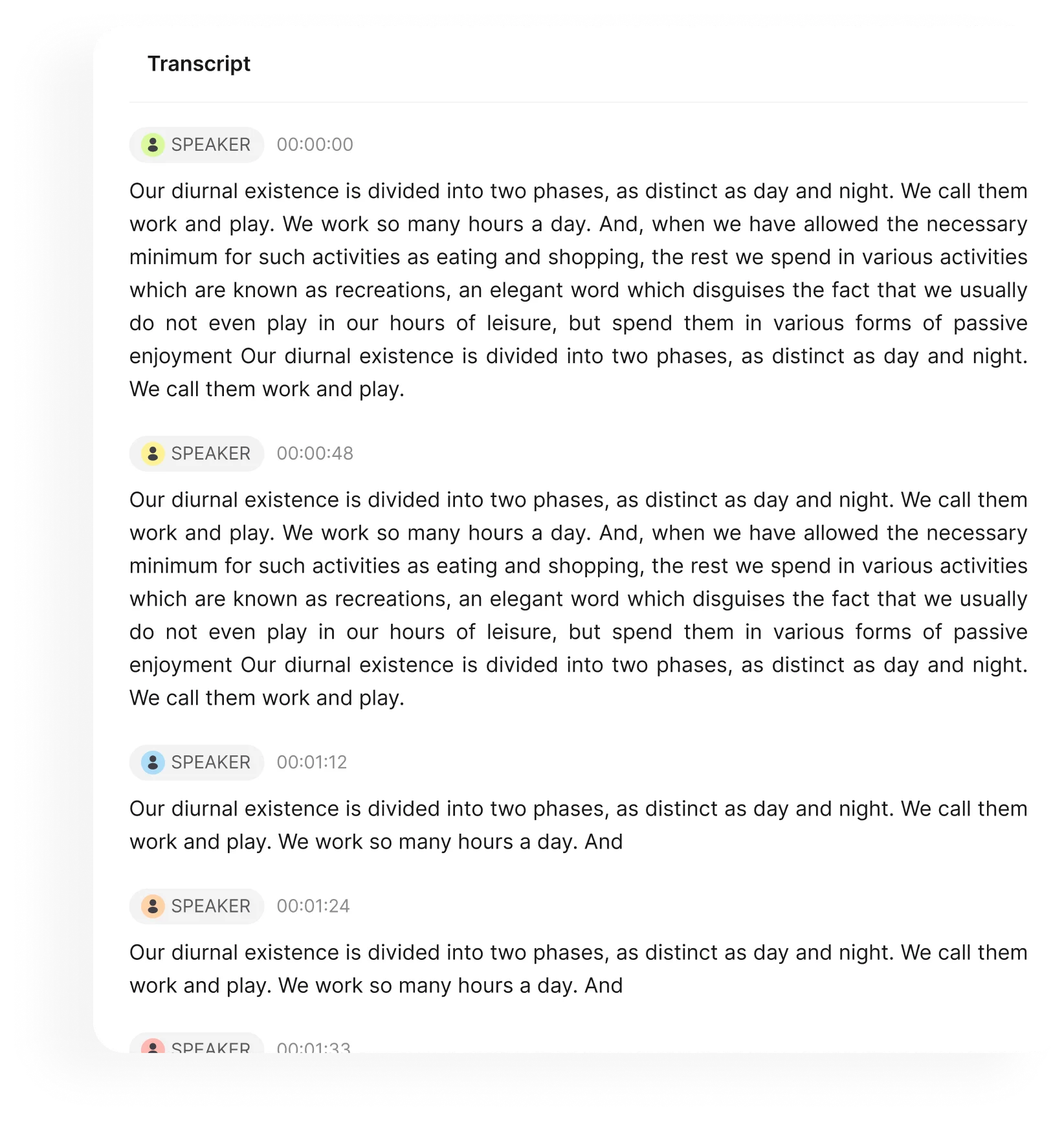 AI transcription transcript panel